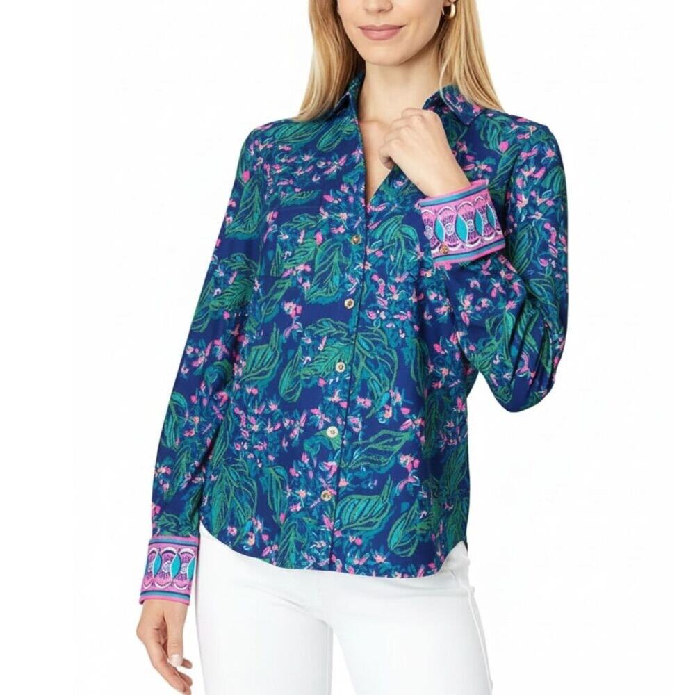 Lilly Pulitzer Marlena Button-Down Shirt Blue ChillyLilly UPF 50+ Coquette